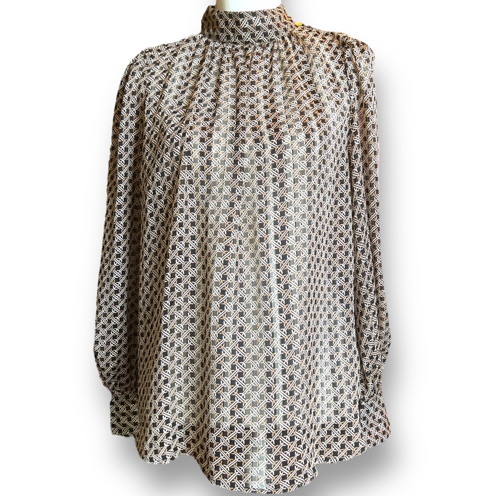 H & M Brown And tan pattern high neck blouse.  EC.  Size 10